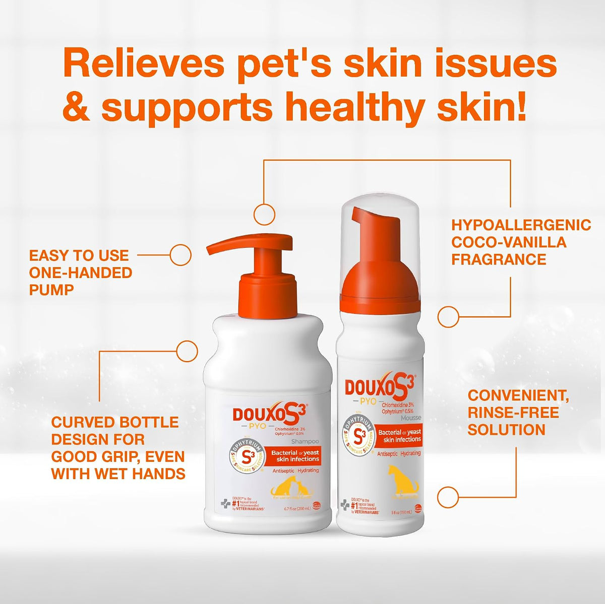 douxo s3 pyo chlorhexidine shampoo (6.7 oz) & showing dimensions