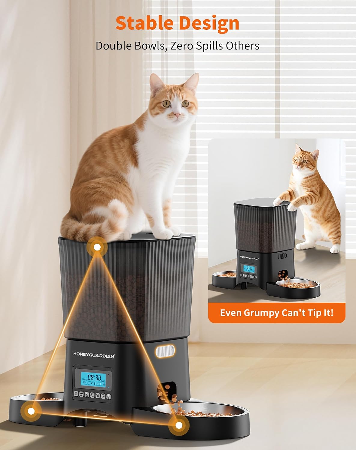 honeyguardian automatic cat feeder for 2 cats, automatic, close-up detail