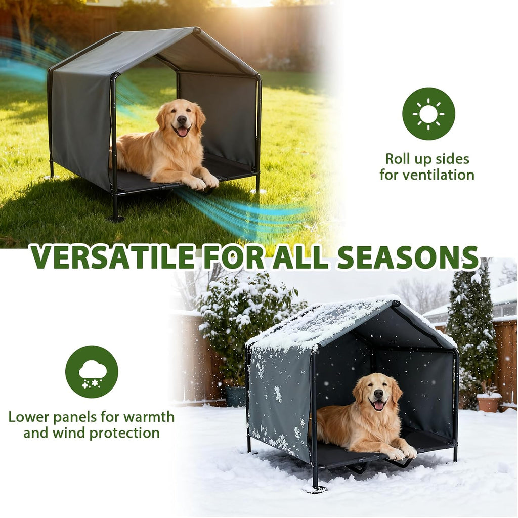 large dog canopy with elevated bed, outdoor dog, side view