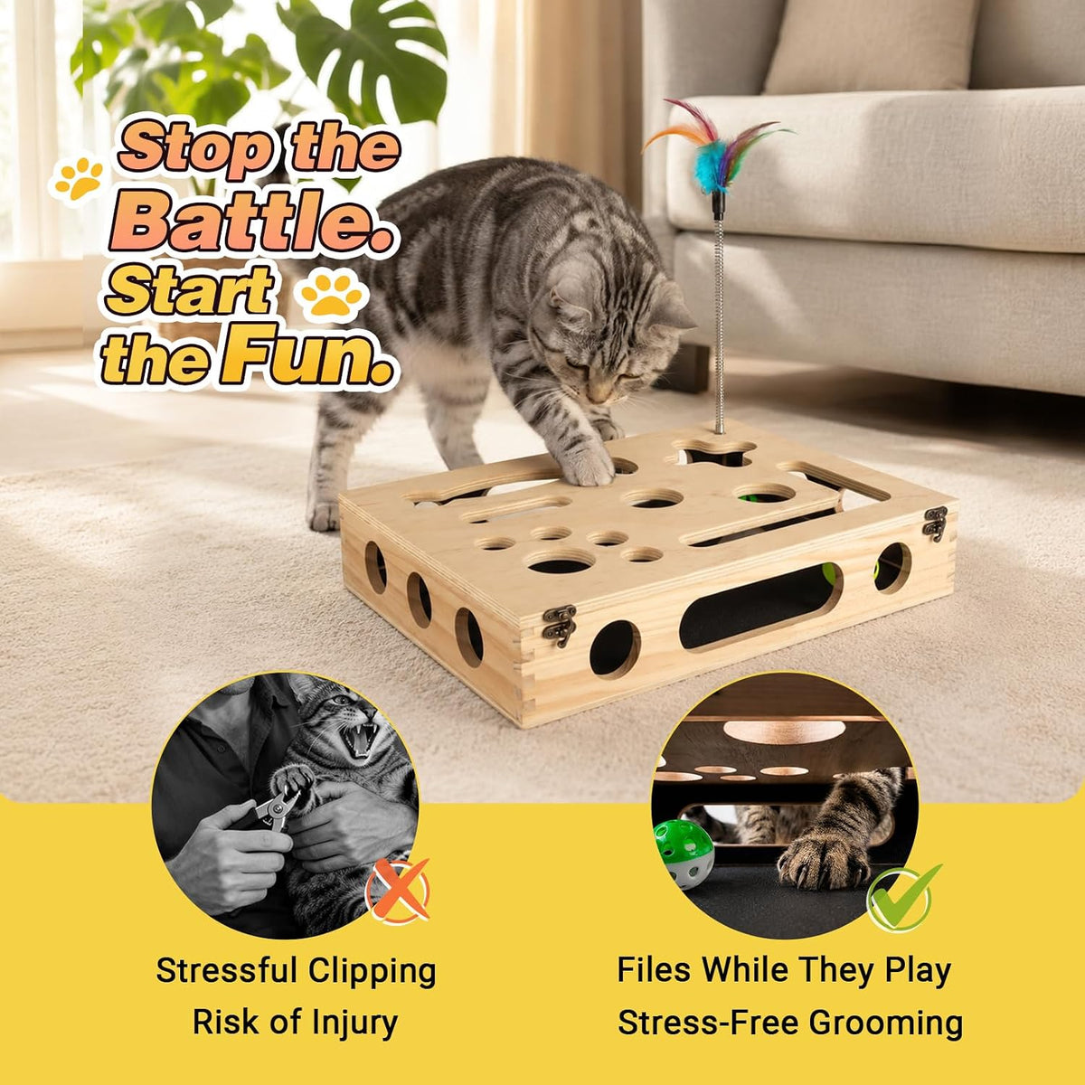 cat scratch puzzle enrichment box, interactive cat toy, close-up detail