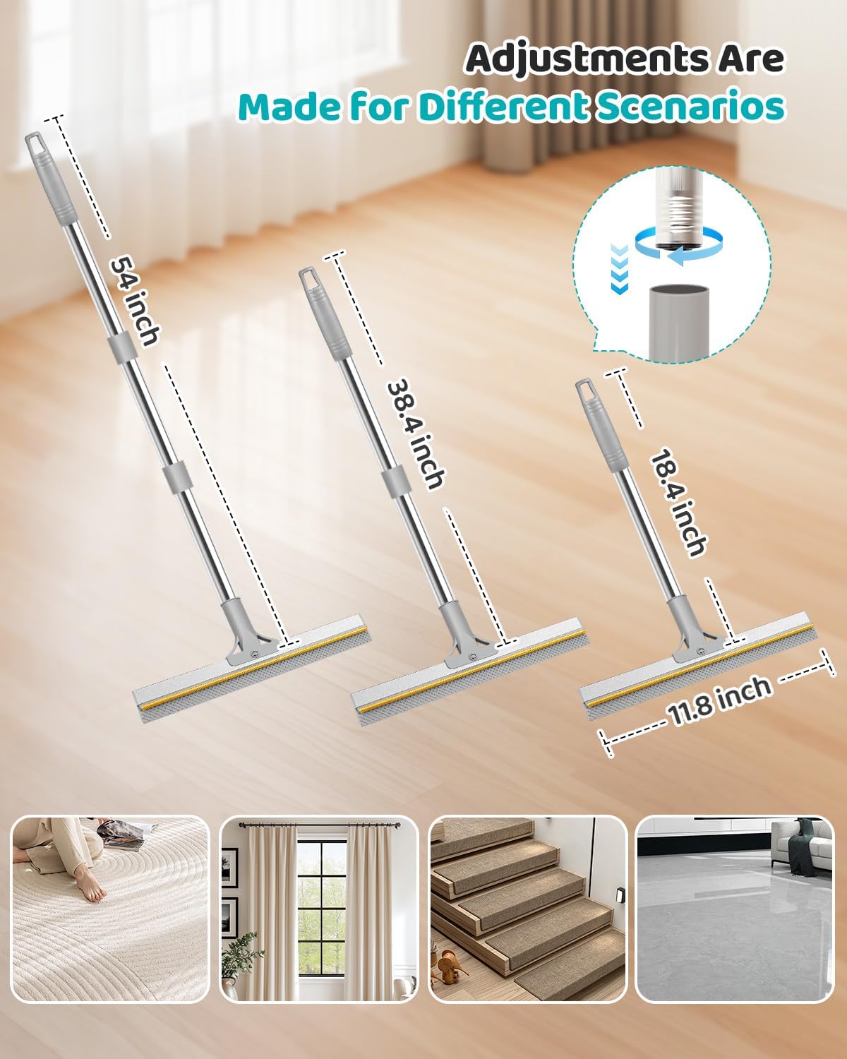 pet hair remover for carpet, 54 inch adjustable, side view