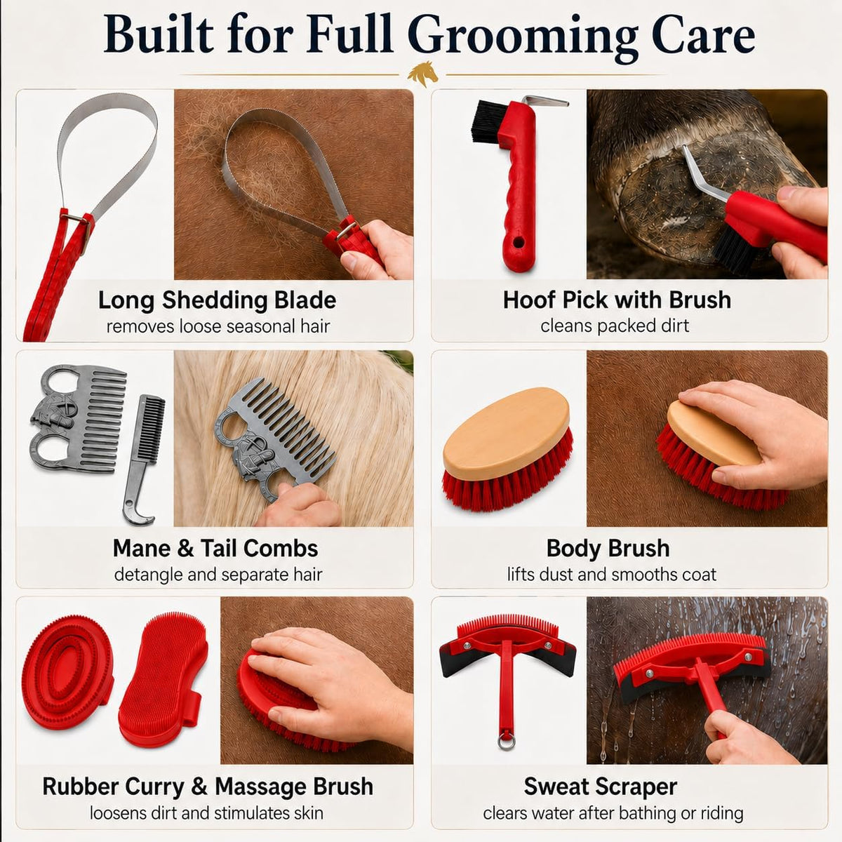 equine grooming kit for care bathing & shedding, side view