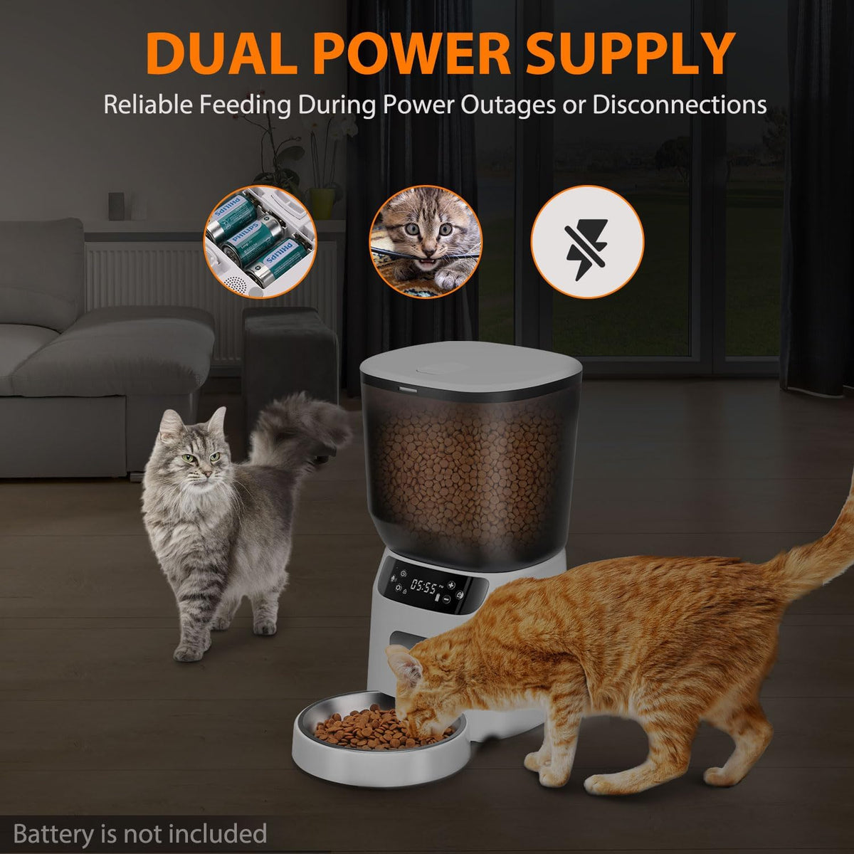 automatic cat feeder, cat food dispenser with stainless, side view