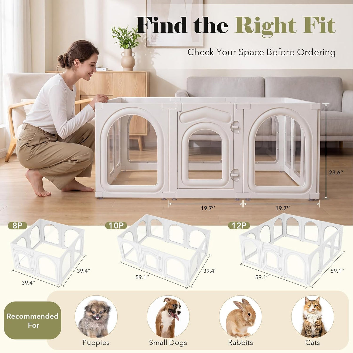 dog playpen indoor, 23.6" h 10 panels acrylic showing dimensions