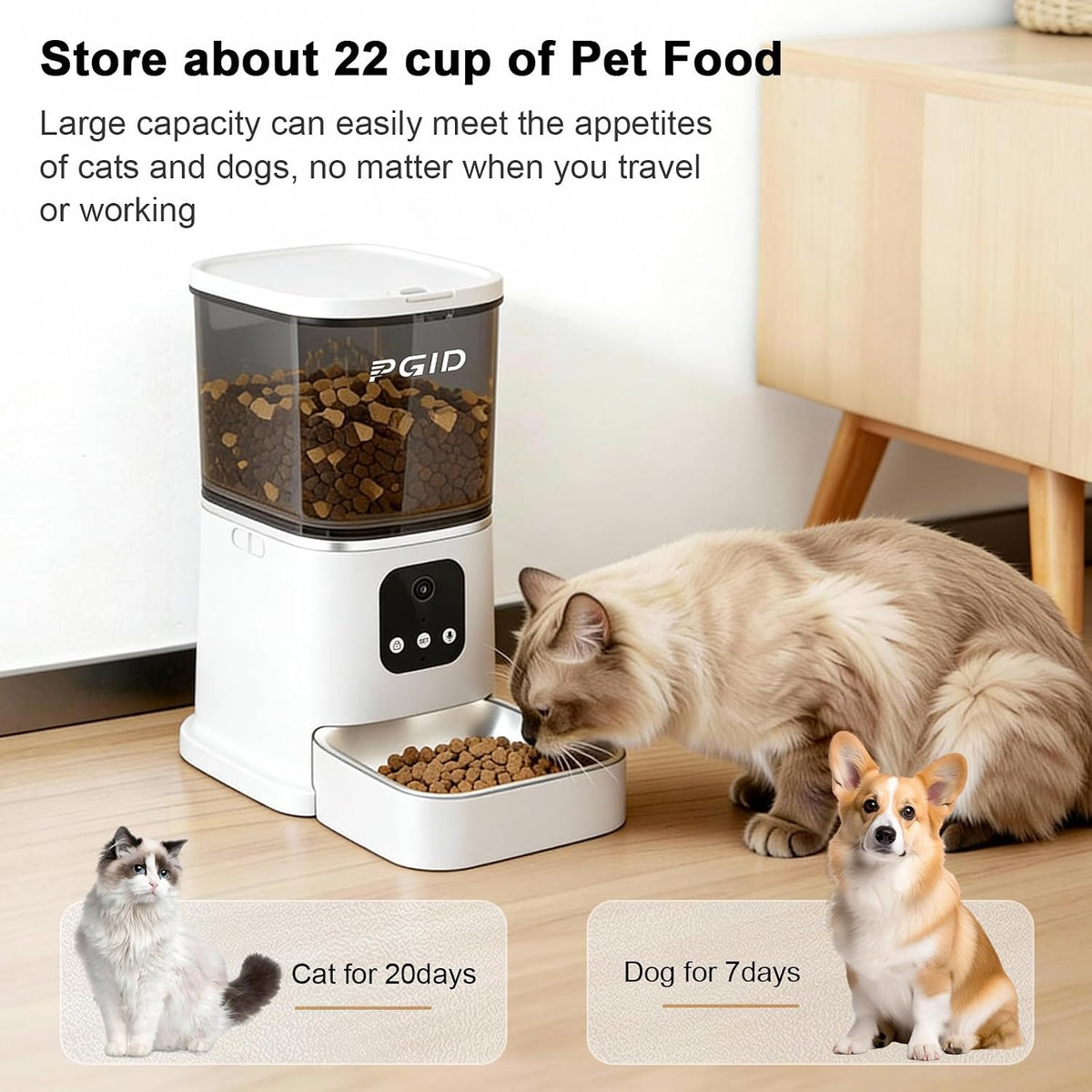 automatic cat feeder with 4k camera,2.4g auto dog shown in use