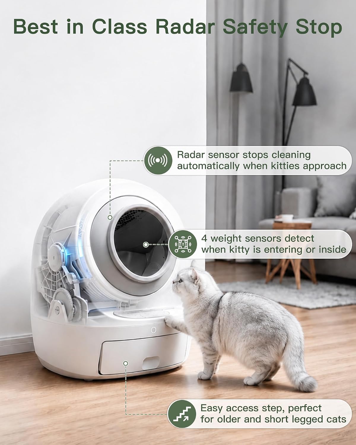 casa leo automatic self cleaning cat litter box showing dimensions