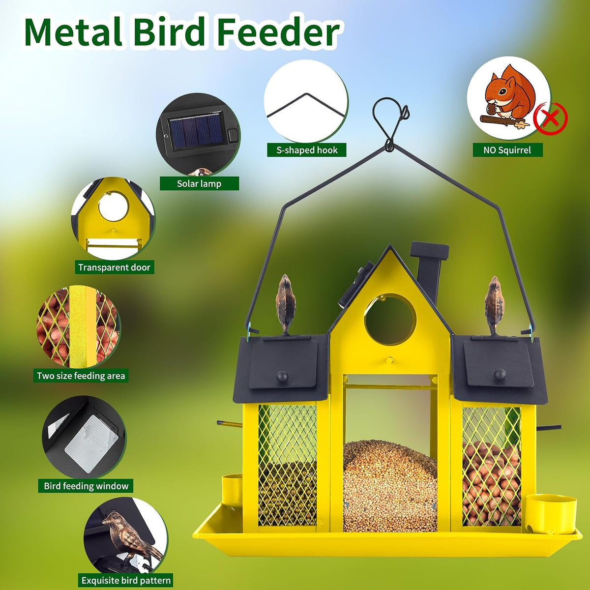 solar bird feeders house for outside hanging, metal, close-up detail