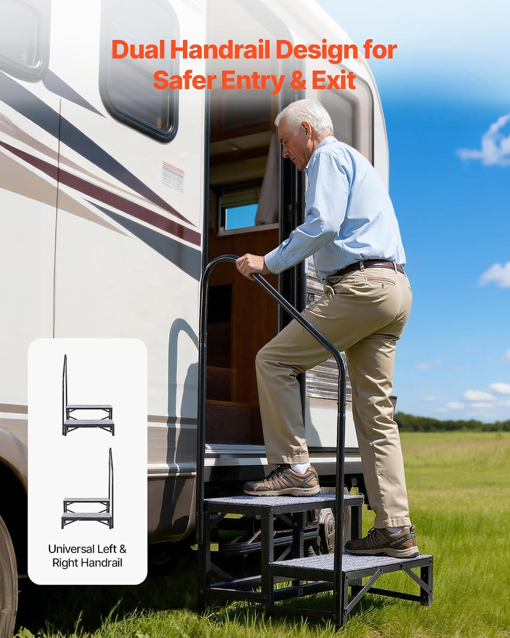 vevor rv steps with handrail, 2 steps, 660, side view