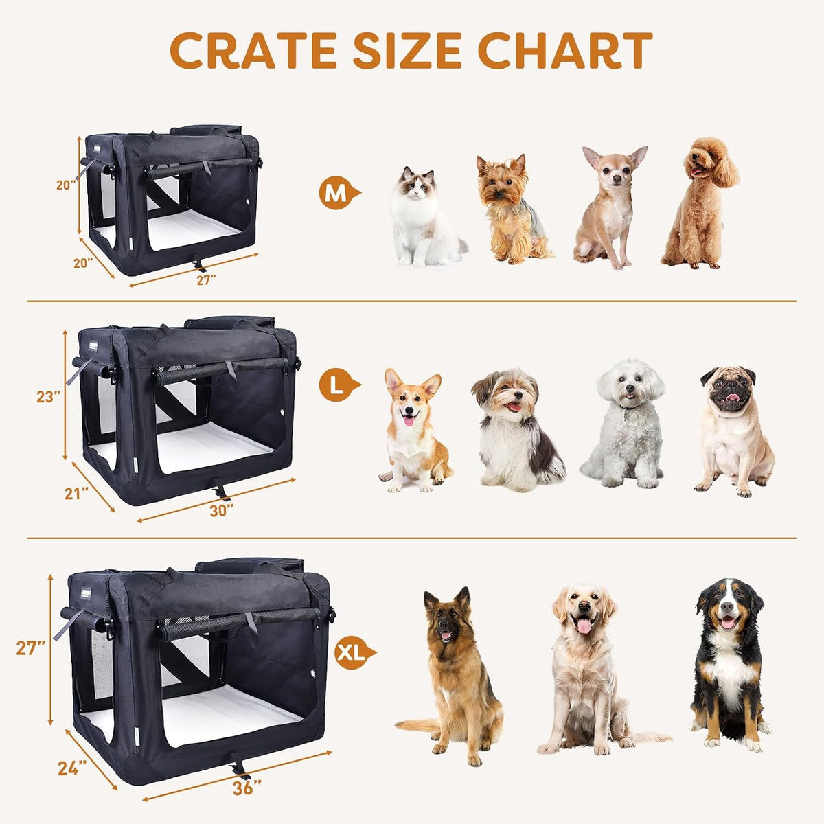 jespet 3 door portable collapsible soft dog crate showing dimensions