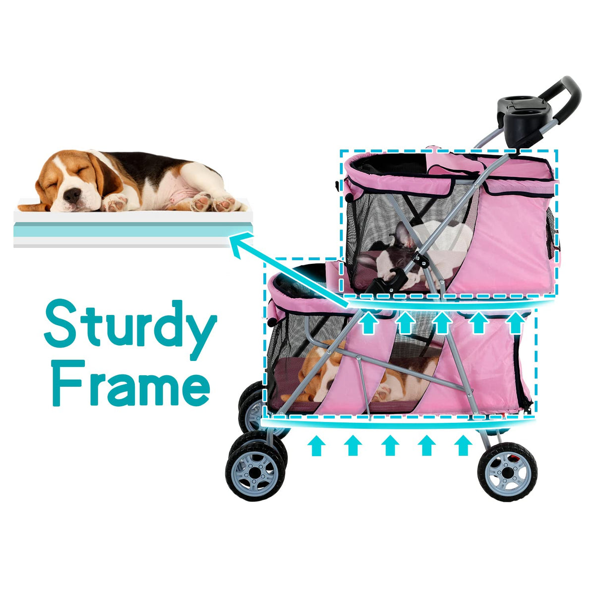 hhs pet strollers for 2 dogs and cats showing dimensions