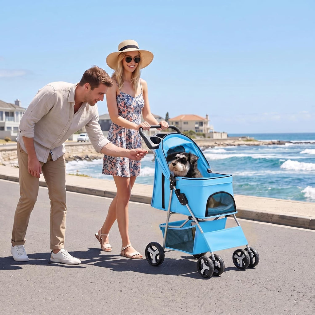 zeny foldable pet stroller, cat/dog stroller with 4 shown in use