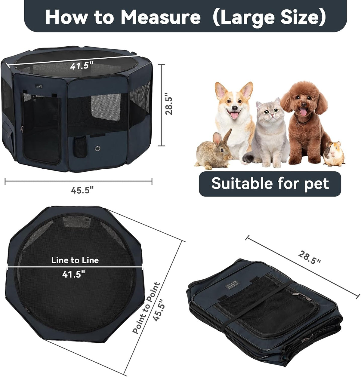 petsfit 45.5" dog playpen with dual zipper doors showing dimensions