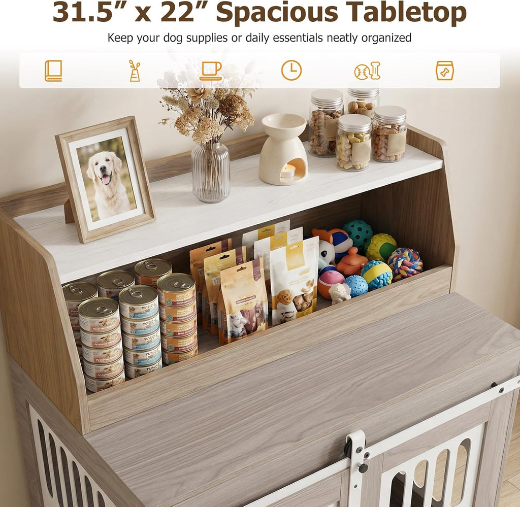 petsite farmhouse wooden dog crate furniture with sliding on a desk or shelf