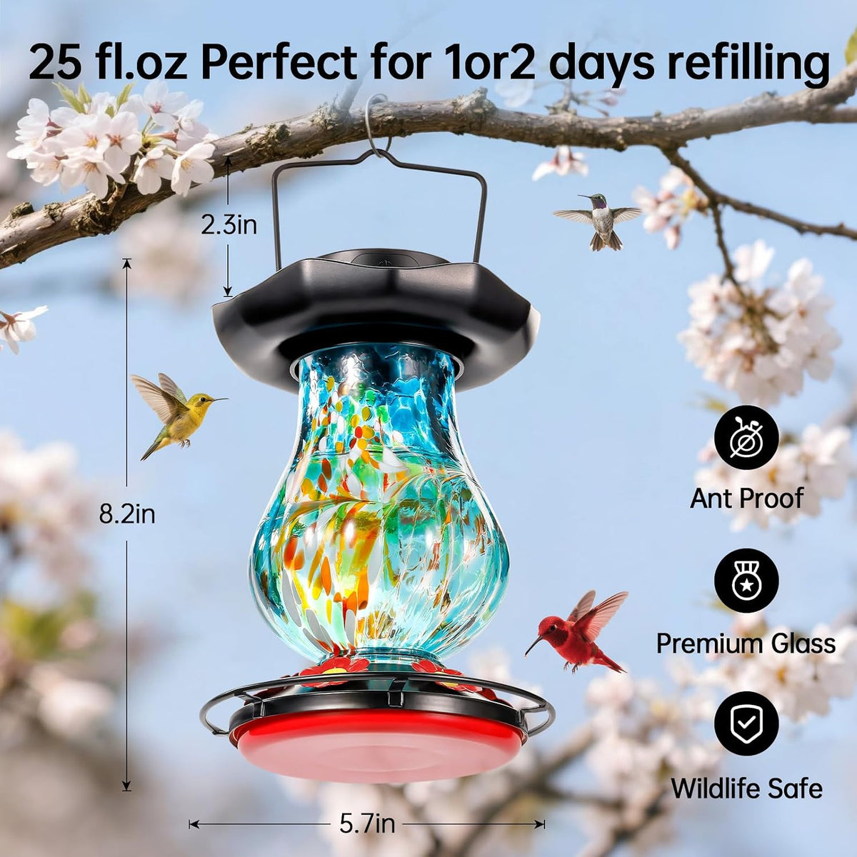 desgully solar hummingbird feeder for outdoor - 25 showing dimensions