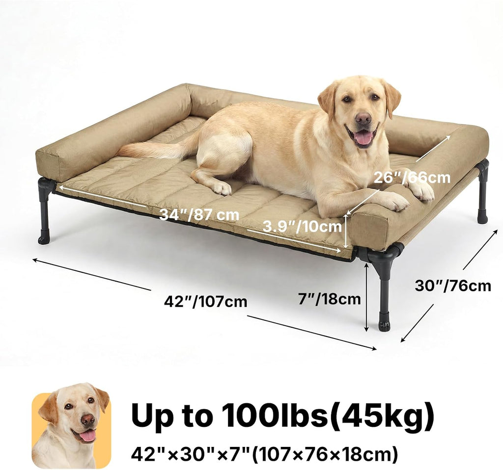 veehoo outdoor elevated dog bed with waterproof bolster shown in use