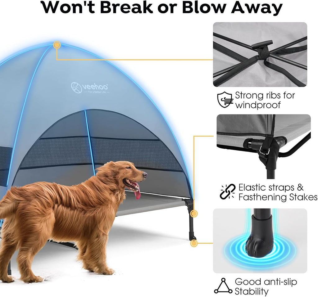 veehoo outdoor dog bed with canopy, cooling elevated showing dimensions