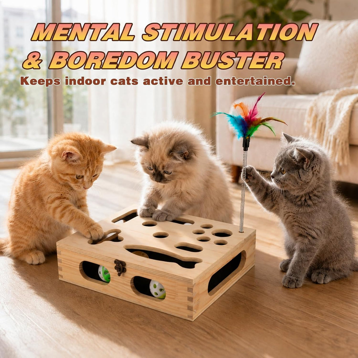 cat scratch puzzle enrichment box, interactive cat toy, side view