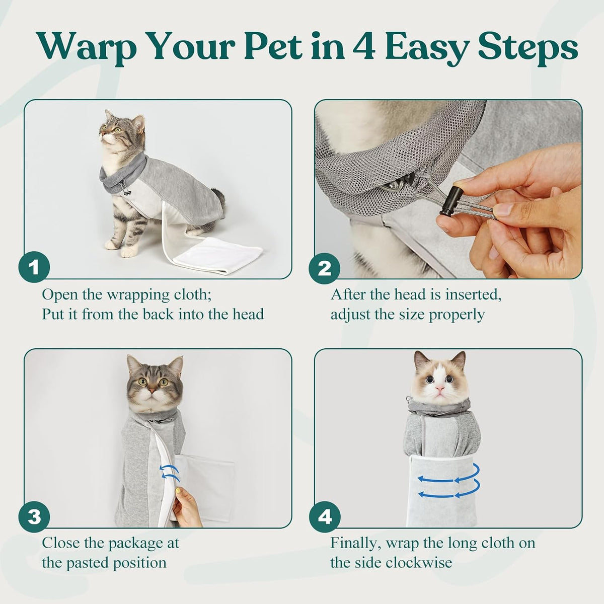 supet cat grooming wrap for cutting nails, self-adhesive showing dimensions
