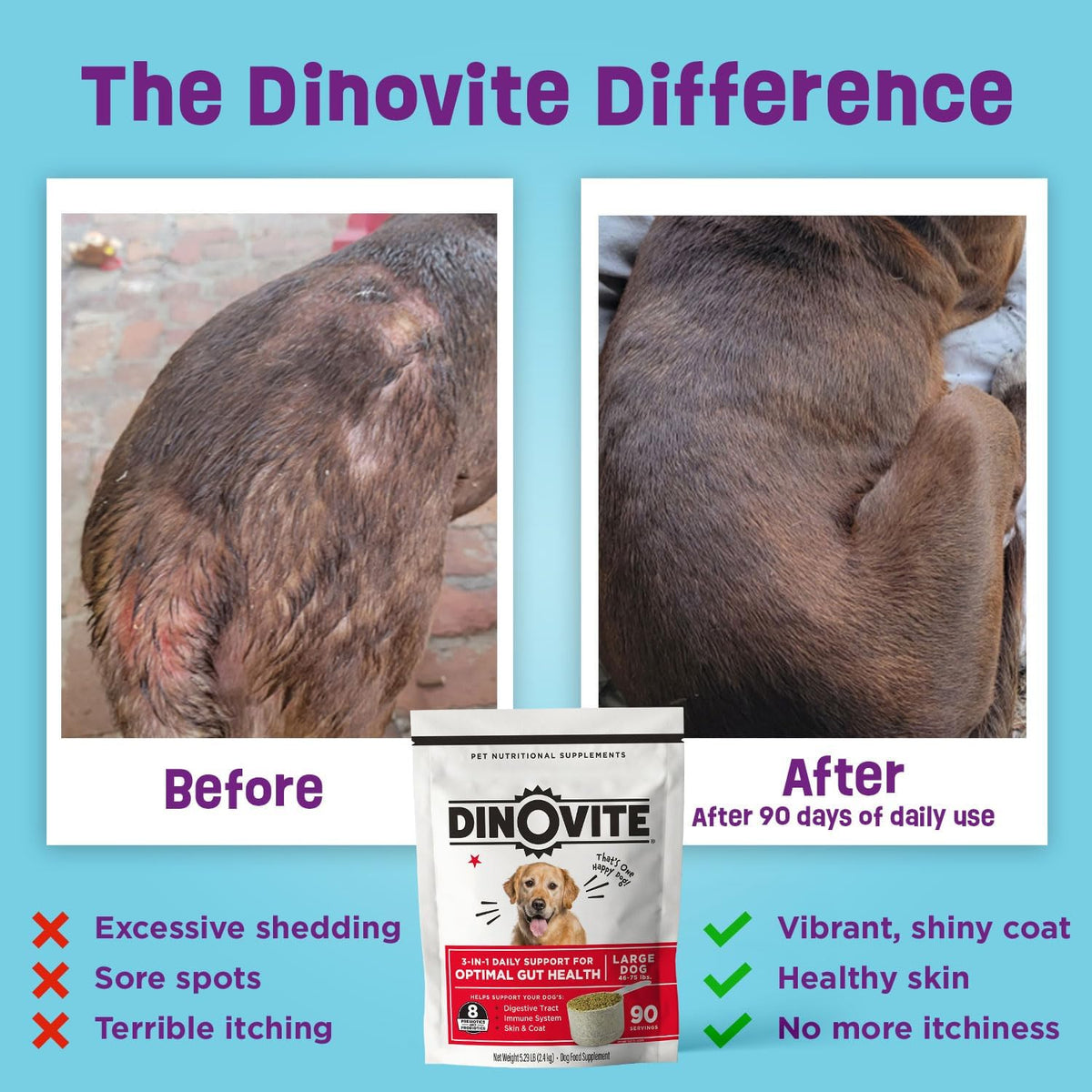dinovite probiotics for large dogs, probiotic food topper, side view
