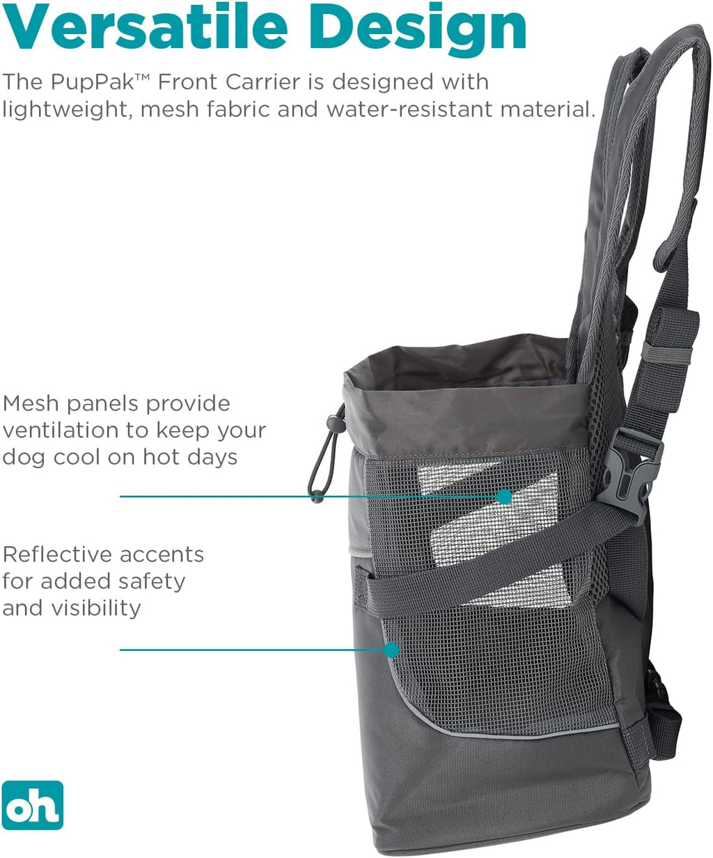 outward hound puppak dog front carrier, grey, medium on a desk or shelf