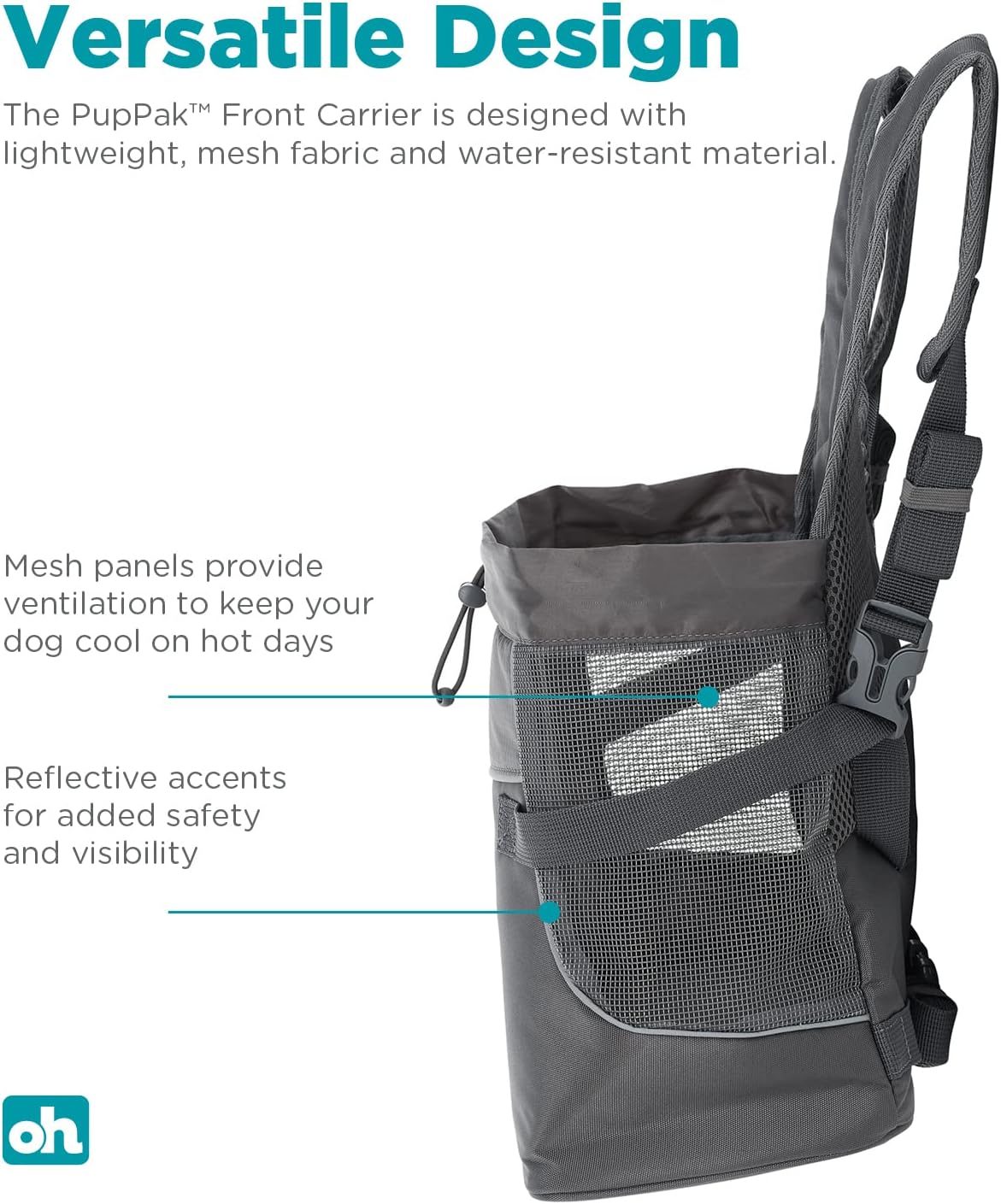 outward hound puppak dog front carrier, grey, medium on a desk or shelf