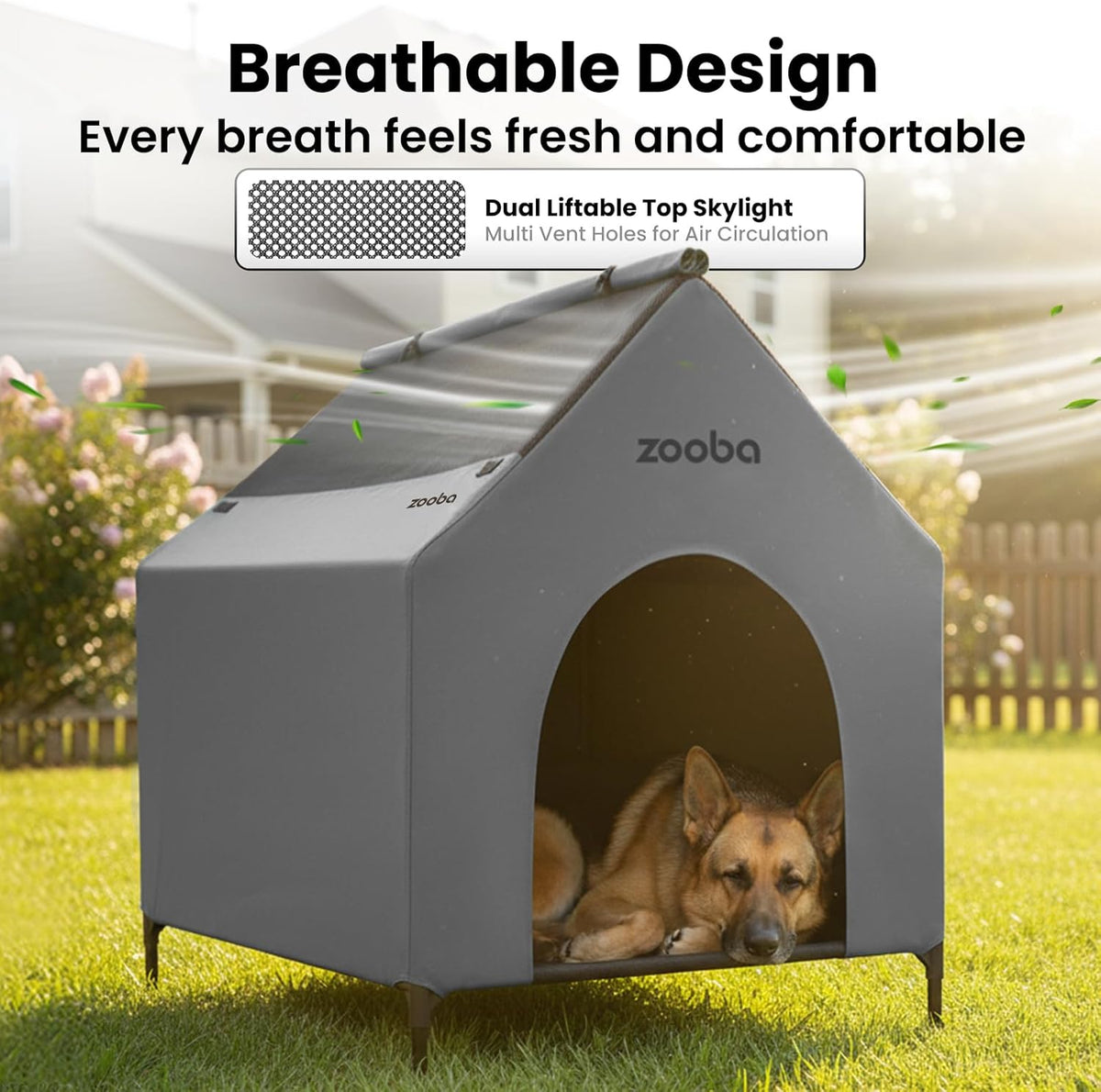 zooba large dog house outdoor, 36in elevated 2-in-1 shown in use