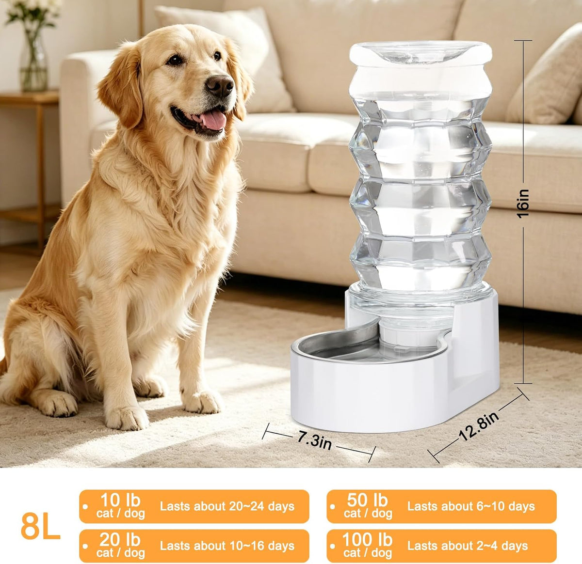 rizzari 8l gravity dog water dispenser: wide mouth showing dimensions