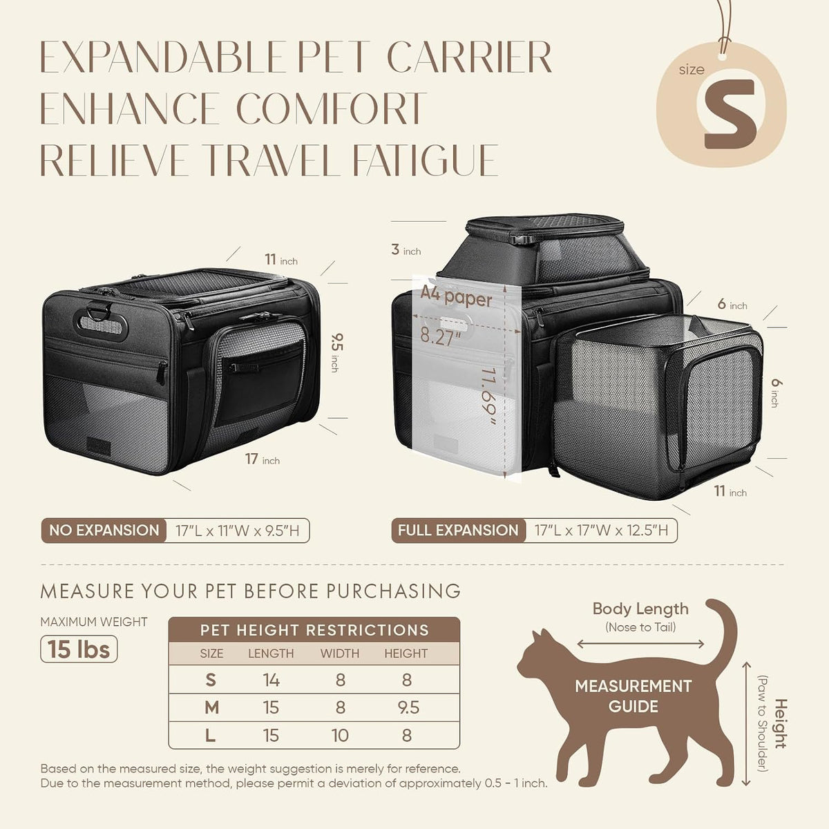 top-side expandable pet carrier, treat window,17x11x9.5 airline approved, side view