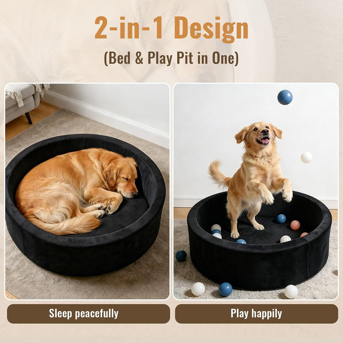 39 inch round dog bed ball pit, indoor, side view
