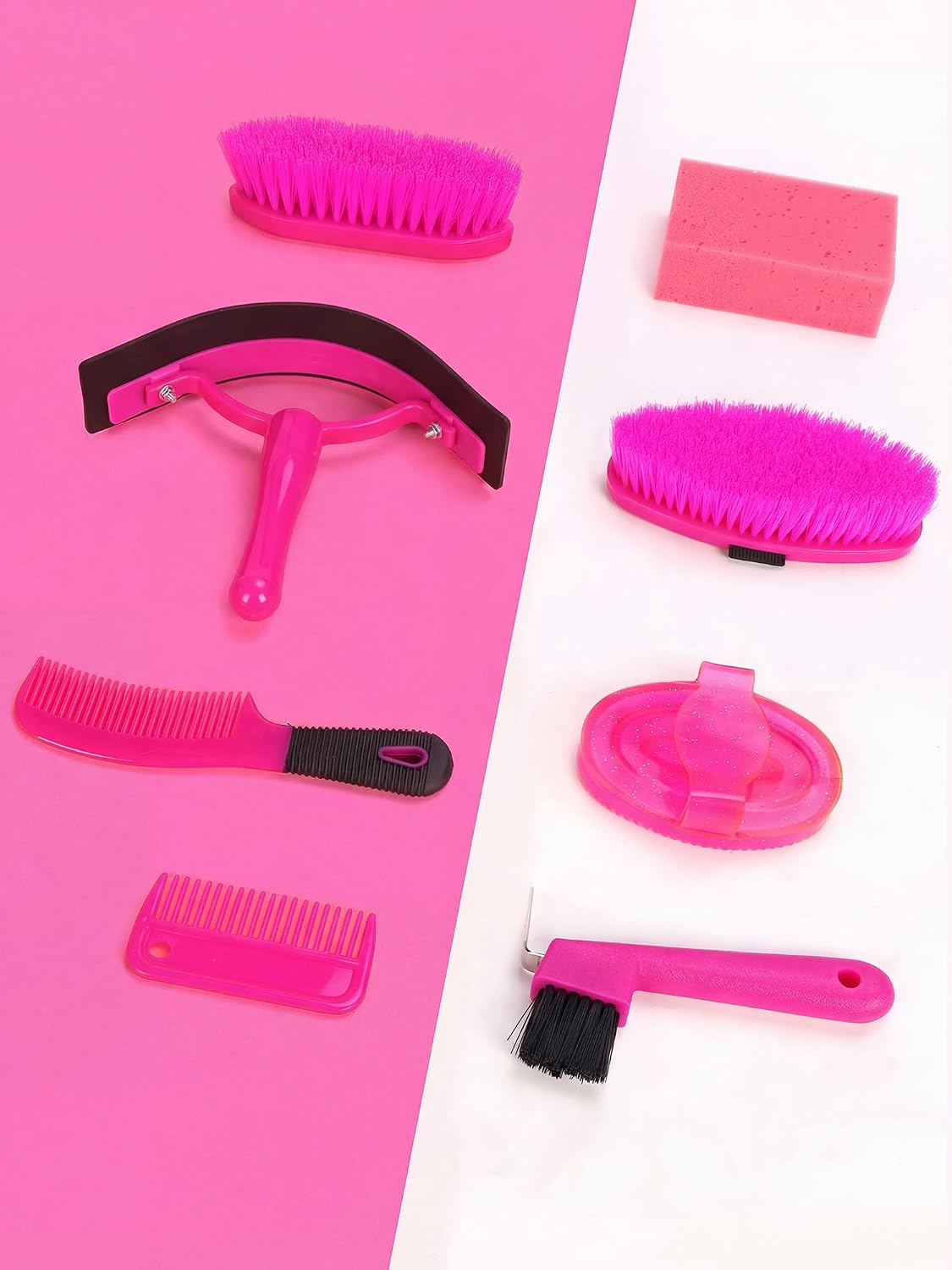 horse grooming kit, pink storage bag with 10 shown in use
