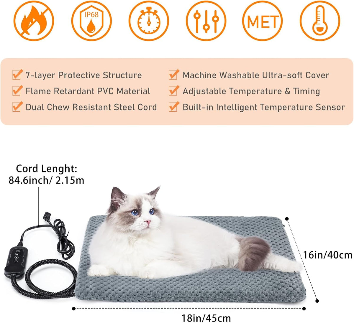 invenho heated cat bed, waterproof adjustable temperature dog showing dimensions