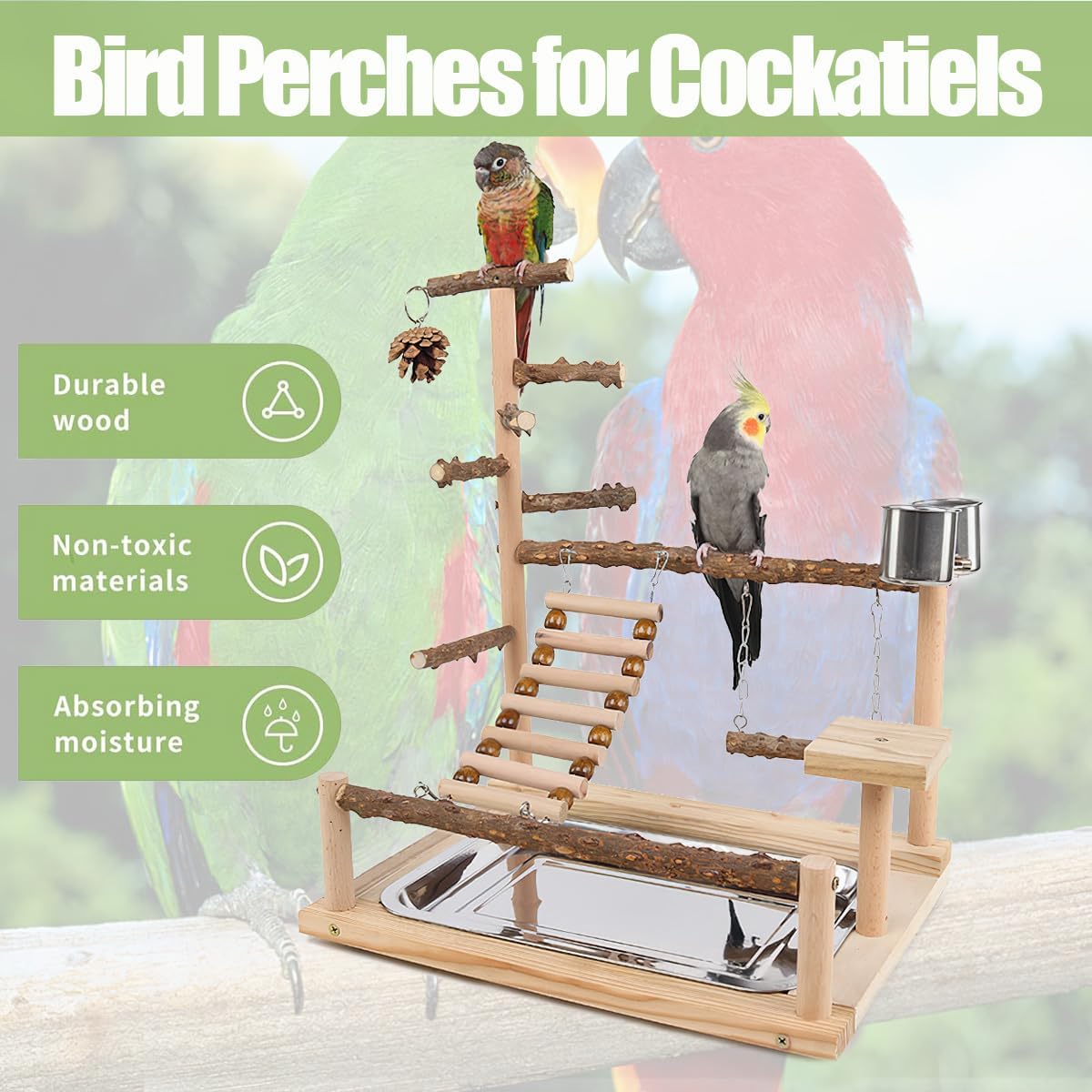 bird playground, parrot perch stand, natural wood bird, close-up detail