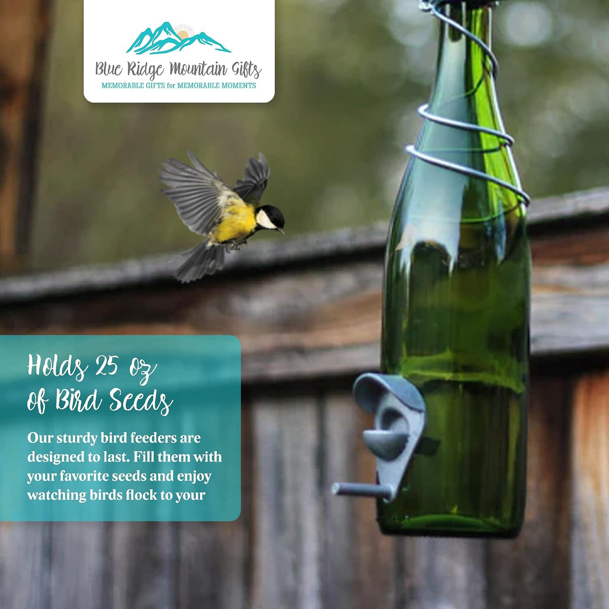 blue ridge mountain wine bottle bird feeders, backyard, side view
