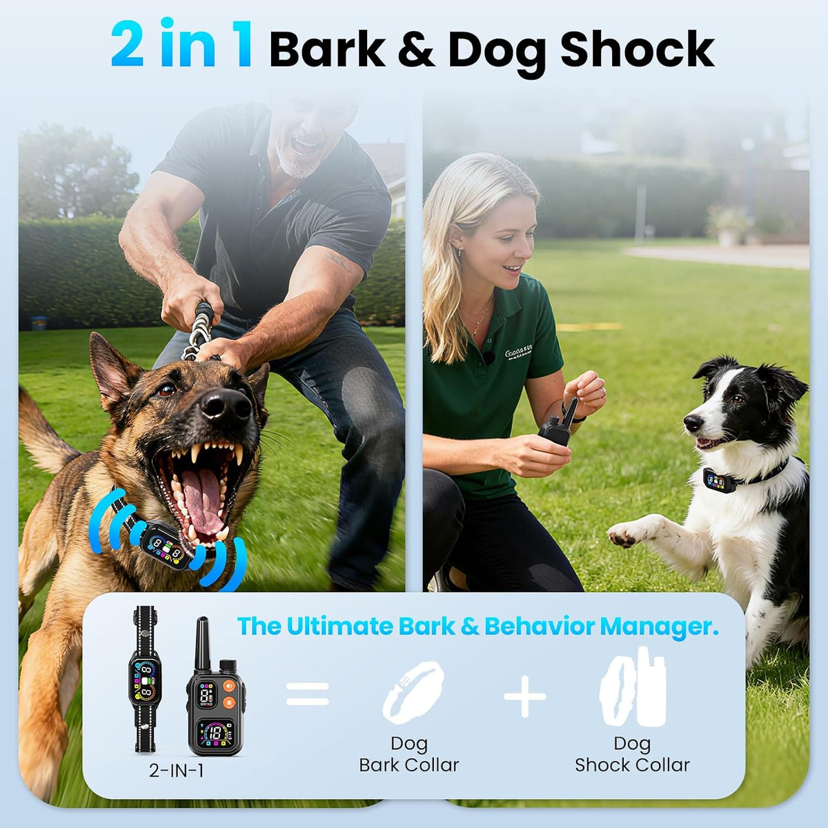 2‑pack 2 in 1 bark collar & shock shown in use