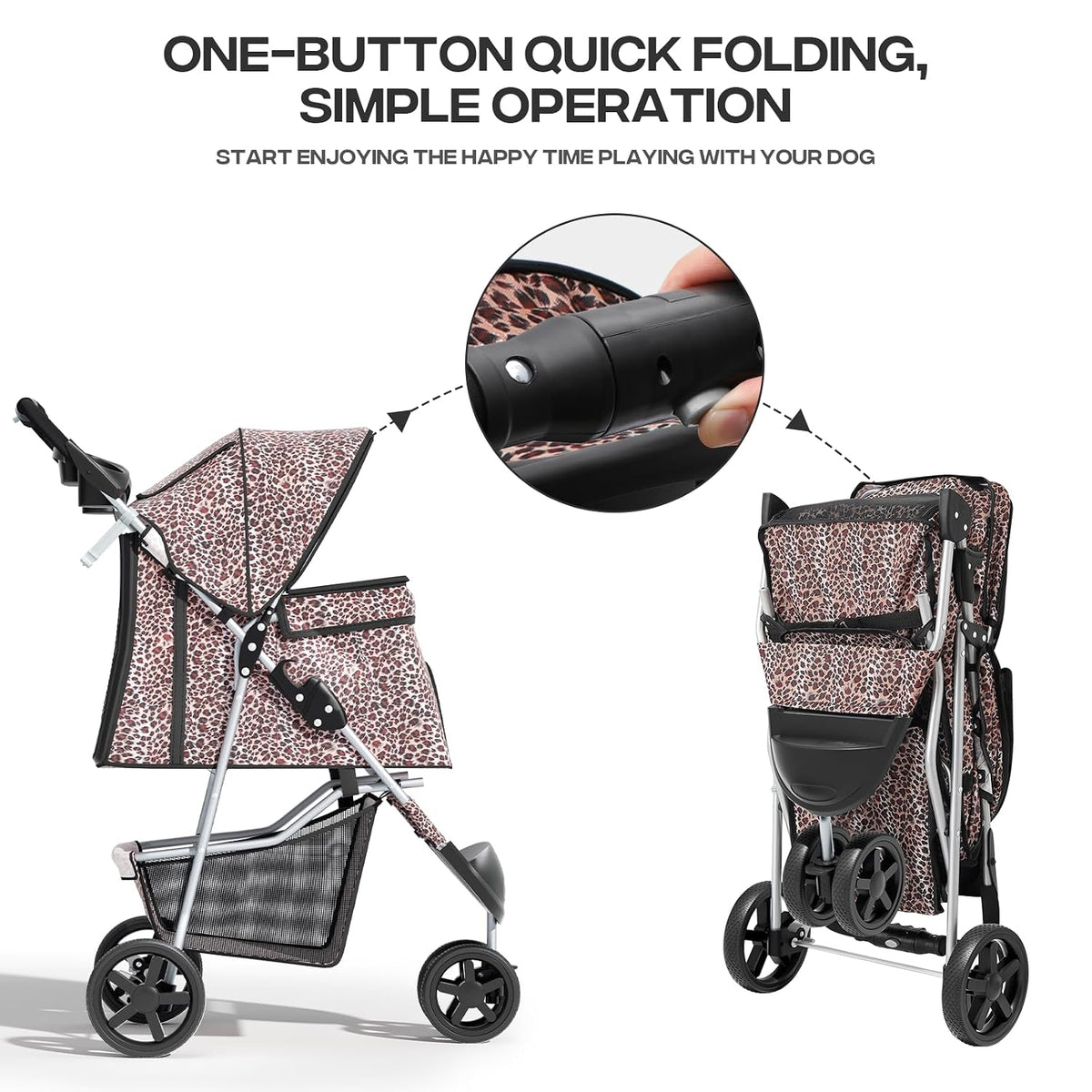 foldable 3-wheel pet stroller for dogs & cats, front angle view