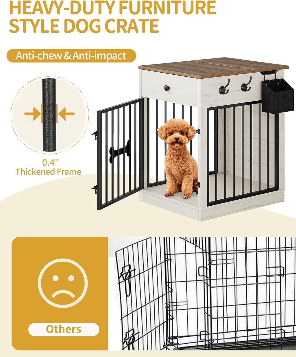 hzuaneri 24.6 in dog crate furniture with storage showing dimensions