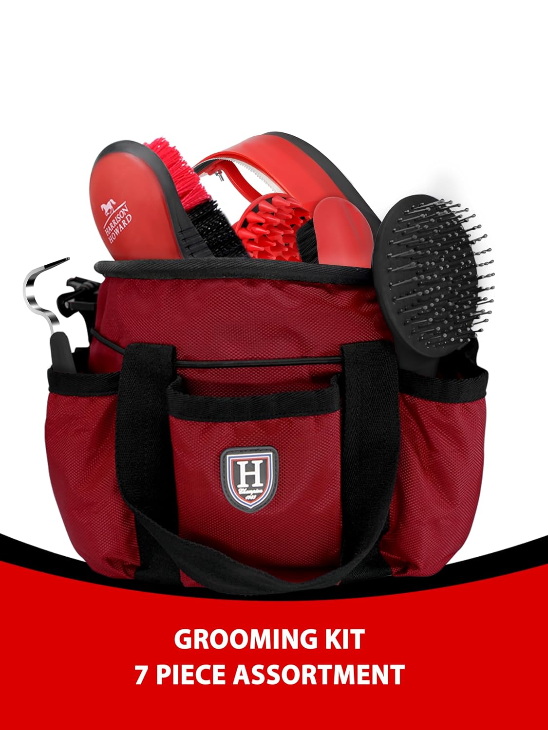 harrison howard horse grooming brushes kit 7 pieces shown in use