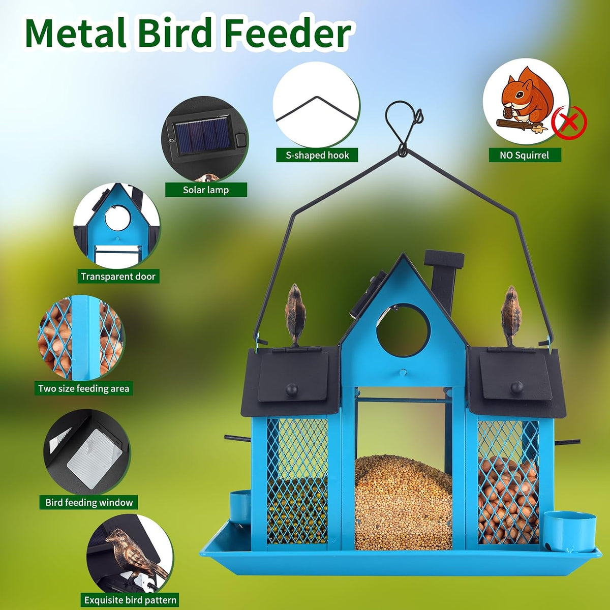 solar bird feeders house for outside hanging, metal, close-up detail