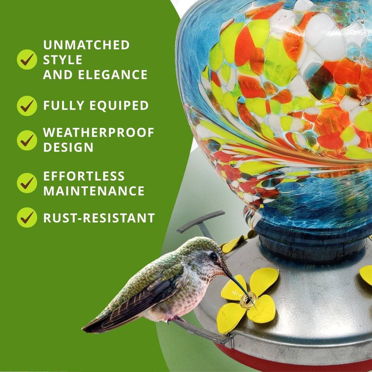 nature gear glass hummingbird feeder for outdoors, hanging showing dimensions