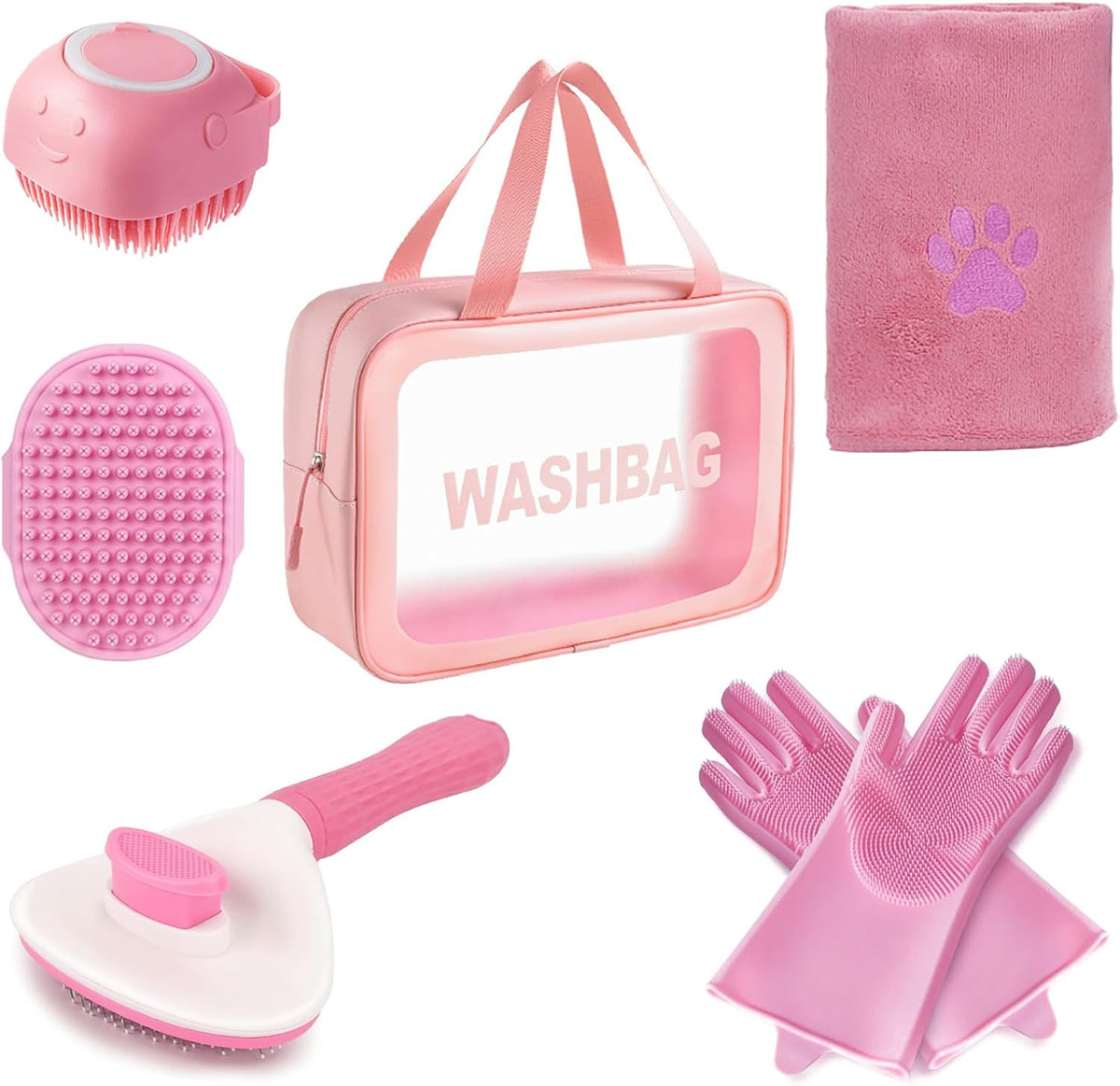 pink dog washing kit with brush, scrubber, gloves, main product view