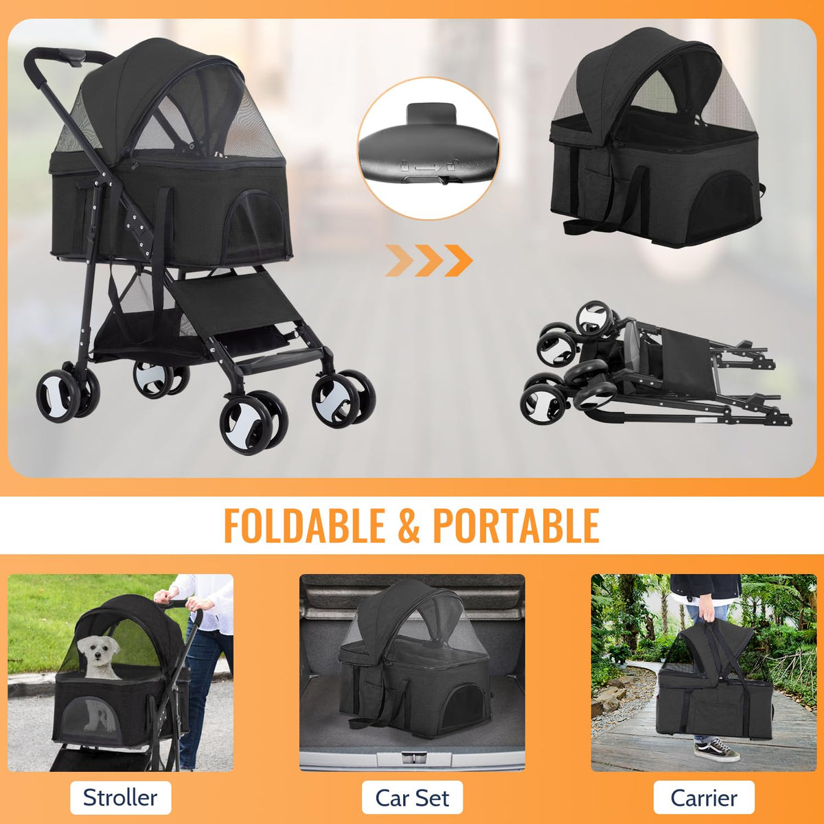 fdw 4-wheels multi-function dog stroller jogger with detachable, side view
