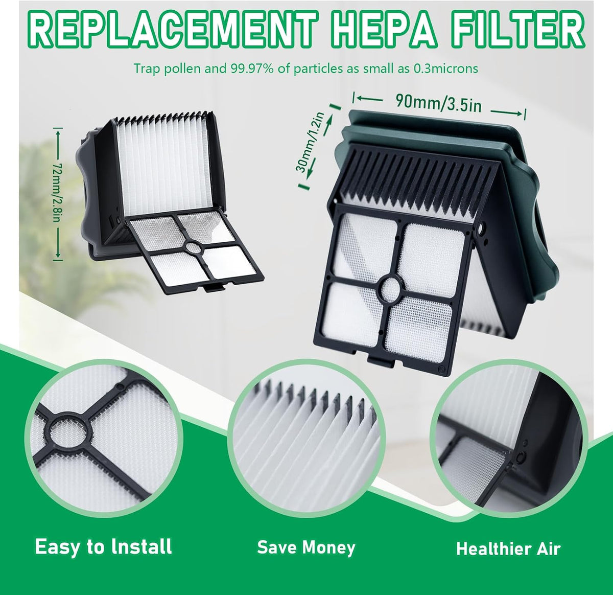 replacement roller brush & hepa filters for tineco showing dimensions