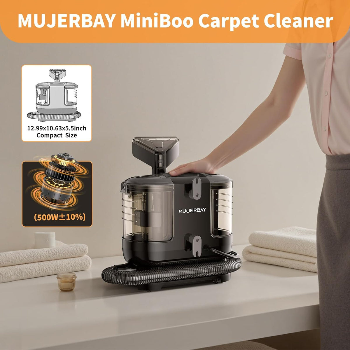 miniboo carpet cleaner, compact & powerful upholstery cleaner shown in use