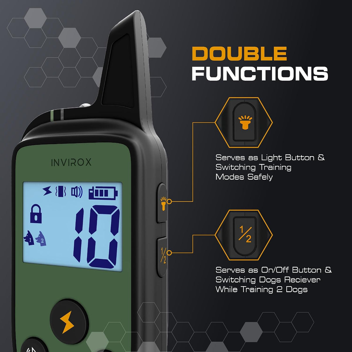 invirox dog training collar with remote, shock collar showing dimensions