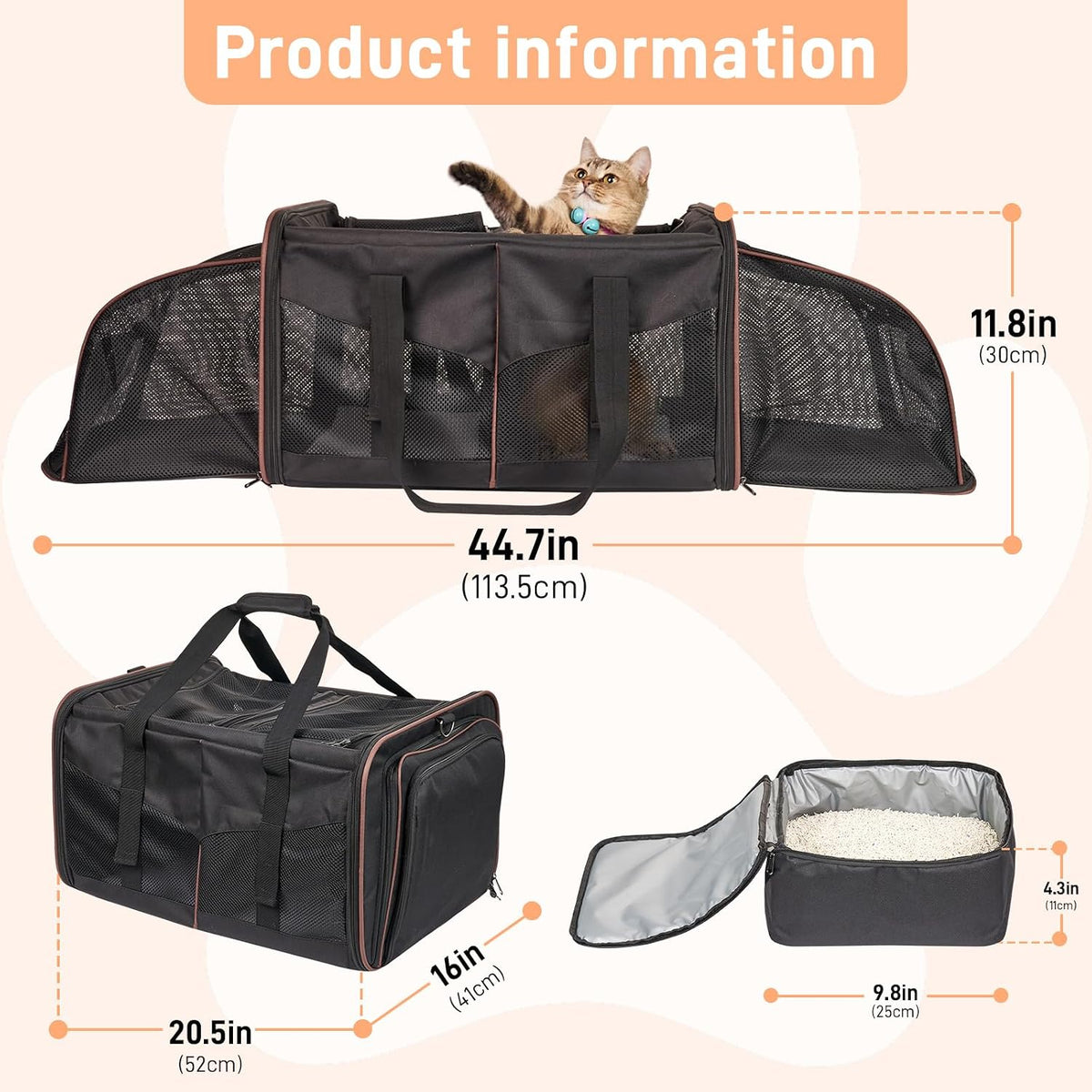 large cat carrier for 2 cats, expandable with, side view