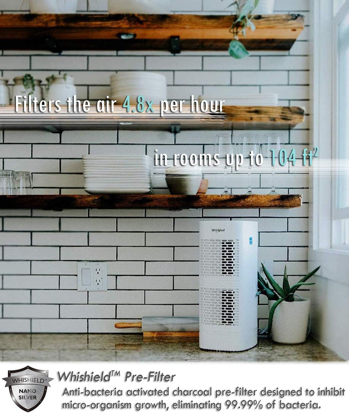 whirlpool, wpt60p whispure true hepa air purifier, activated showing dimensions