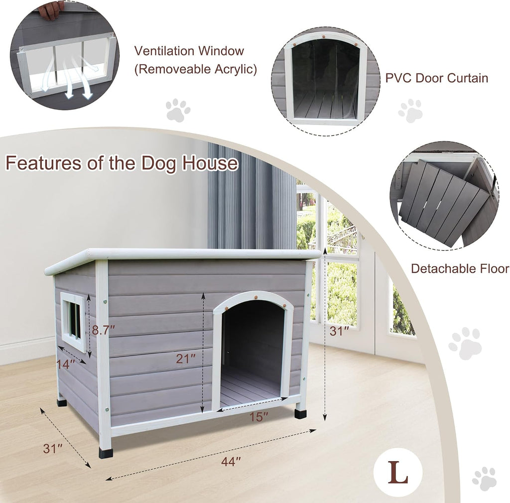 44" wooden large dog houses outdoor indoor, waterproof shown in use