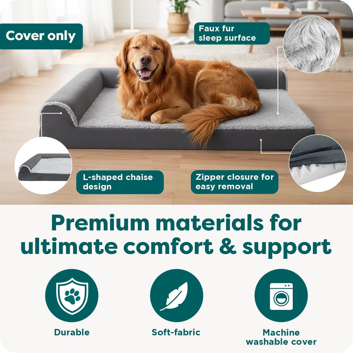 furhaven replacement dog bed cover two-tone faux fur showing dimensions