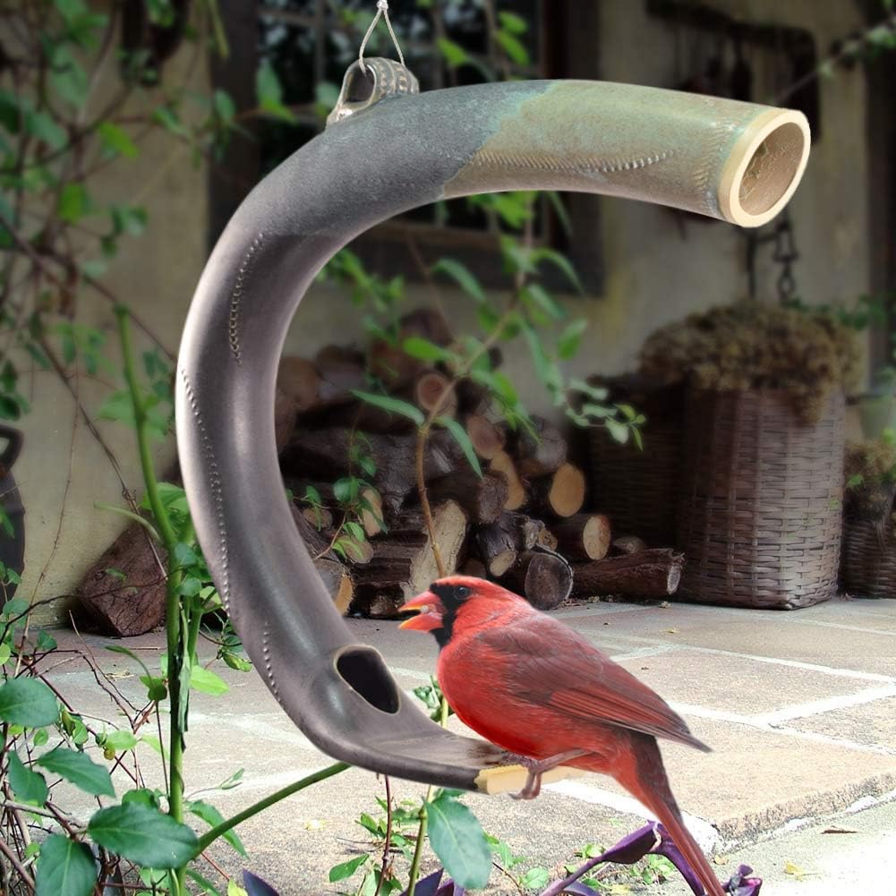 contemporary crescent hanging bird seed feeder, close-up detail