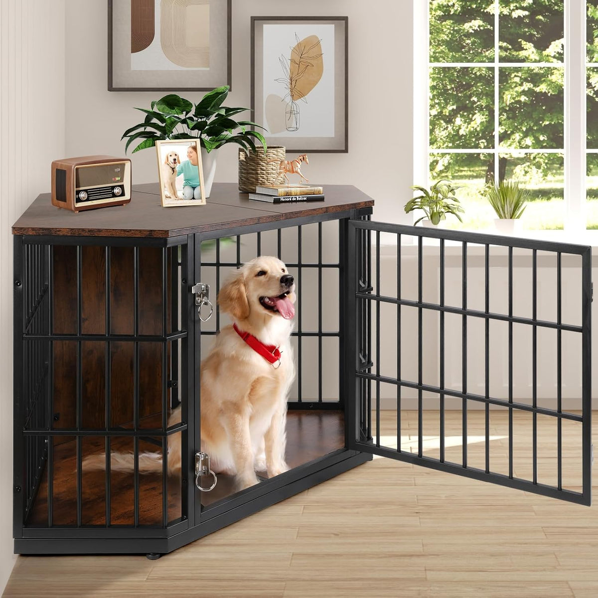 vowner 52 inch dog crate furniture corner for, front angle view